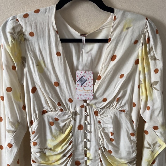 Free People Floral Polka dot  Mini Dress new size XS long sleeve Cream  yellow - Picture 3 of 8